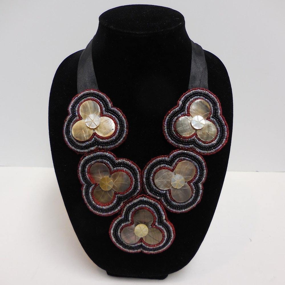 Beaded Shell Bib Necklace  Adjustable Ribbon  NWOT
